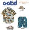 Roupa de Viagem para o Sudeste Asiático no Verão Camisa de Seda de Gelo com Coqueiros de Verão Calções de Manga Curta para Homem Terno de Calças de Praia Bonitas com Filhotes