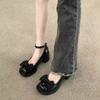 Zapatos Mary Jane de Vestir para Mujer Primavera 2025 Nuevos Punta Redonda Boca Escotada Tacón Alto Zapatos de Cuero Lazo Retro JK Zapatos Individuales