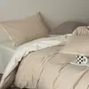 Conjunto de 4 peças de algodão puro de trama grossa texturizado, 60 contagens, com debrum, simples, moderno, cor sólida, capa de edredom de algodão puro, lençol de cama, lençol com elástico