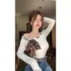 Camiseta Manga Longa Feminina Algodão Modal Spice Girl Estampa Leopardo Laço Renda Design Outono Inverno Slim Fit Top de Ombro