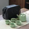Juego de Té de Viaje Ge Yao Juego de Cerámica Juego de Té Una Tetera Cuatro Tazas Caja de Cuero de Vaca Kung Fu Caja de Regalo Regalo Pequeño