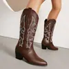 Botas de cuero de tacón alto para mujer para otoño e invierno, botas vaqueras de talla grande, punta redonda, versátiles, comercio exterior, tacón cuadrado