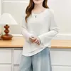 [Especial] T-shirt de manga longa em malha com retalhos estilo coreano elegante para mulheres plus size, nova para o início do outono, camada base casual 0951