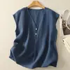 # 224 Chaleco de algodón y lino, estilo casual de verano delgado, camisa elegante de cuello en V, holgado y favorecedor, sin mangas