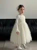 Vestido Longo de Princesa com Mangas Compridas para Crianças Meninas Bordado Pesado Vestido de Tule com Camadas Bolinhas Patchwork de Renda Vestido com Colete para Bebê