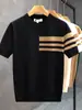 Nueva camiseta de punto de manga corta para hombre de verano, a rayas, simple, business casual, corte ajustado, camiseta de seda helada, venta al por mayor transfronteriza