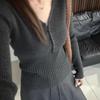 Camisa Básica de Tricô Cinza com Decote V Estilo Coreano para Mulheres, Nova Coleção Primavera e Outono 2025, Macia, Afinando e Ajustando a Cintura, Manga Longa