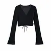 Top exterior ligero, transparente y protector solar con un diseño elegante, camisa de punto de manga larga, estilo corto con cordón para ceñir la cintura, top ajustado y que favorece la figura