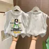 Camiseta sin mangas de algodón puro para niños, estilo verano nuevo, con dibujos animados, top estilo chico cool, teñido anudado, lentejuelas