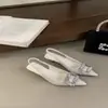 Chegada Nova Verão Outono 2026 Bico Fino Salto Alto Francês Salto Fino Feminino Costas Abertas Fivela Quadrada Biqueira com Strass Sandálias Estilo Coreano