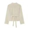 Ropa de mujer transfronteriza al por mayor 2026 verano nuevo estilo cuello alto con lazo en la cintura ajuste ceñido manga larga camisa a rayas top versátil