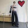Ropa de Mujer de Seda Naranja# Traje con Costuras a Cuadros Negros Pantalones Casuales para Mujer Verano Nuevo Suelto Adelgazante Pantalones de Pierna Ancha