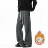 Calça de Moletom Masculina de Pierna Larga, Forrada com Lã, Quente, Comprimento no Tornozelo, Padrão Espiga de Trigo em Chenille, Tamanho Plus, Perna Reta Solta, Outono