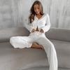 2024 Europeo y Americano Invierno Blanco Tejido Suelto Cómodo Manga Larga Pantalón Dos Piezas Transfronterizo Ropa de Casa para Mujer Venta al por Mayor