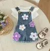 Macacão de verão para comércio exterior com mangas bufantes, shorts jardineira jeans bordados para bebês meninas, roupas infantis brancas estilosas, direto da fábrica