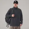 Sudadera con cremallera a la mitad texturizada estilo americano para hombre 2026, primavera y otoño, cuello alto, corte holgado, color liso, camiseta básica casual de manga larga