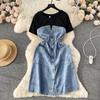 Vestido feminino de duas peças falsas elegante estilo coreano que rejuvenesce, estilo francês de alta qualidade, gola redonda, manga curta, costura na cintura apertada, vestido jeans