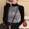 Gola Alta Meia Manga Estilo Coreano Novo Veludo Alemão Camiseta Básica Outono e Inverno Cinza Ombro Direito Slim Fit Manga Raglan Feminina Manga Longa