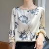 Camiseta de Decote U Manga 3/4 Feminina Solta Estampada Cetim Sedoso Top Estilo Elegante Peso Pesado Tipo Seda Manga Média Top Fino
