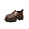 Sapatos Loafer de Solado Grosso para Mulheres no Outono Veludo Plus Novo Estilo Britânico Bico Redondo Plataforma Sapatos Pretos Pequenos de Couro