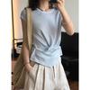 Lou Fu Verano Nuevo Estilo Coreano Moda Diseño Moderno Dobladillo Botón Diagonal Manga Corta Suéter Silueta Delgado Todo Combinable Top Mujer