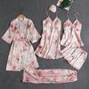 Encouraçado Feminino Pijamas Primavera e Verão Mulheres Sexy Five-piece Set Silk Nightgown fino com almofada peito Sling camisola feminina camisola
