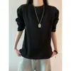 Moletom pesado cinza com estampa floral branca estilo americano para homens, camiseta de manga longa de outono com corte cleanfit desconstruído no ombro direito, camiseta básica de camada interna