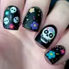 Unhas de Halloween Quadradas Curtas Preto Fosco Flor Colorida Caveira Estampada Unhas Postiças Removíveis