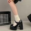 Sapatos Mary Jane Plataforma de Salto Grosso Sola Grossa Aumento de Altura Japonesa Hot Girl Couro Envernizado Preto Elegante Francês Salto Alto Pequeno Sapatos de Couro