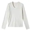 Camiseta básica de lana de acetato para mujer de otoño e invierno, camiseta de cuello en U de Tencel Lyocell estilo coreano, top de punto a rayas de manga larga ajustado
