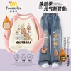 Conjunto Kapibala para Meninas Outono e Inverno 2025 Meninas Médias e Grandes Moletom Jeans Reto Forrado com Lã Conjunto de Duas Peças Tendência