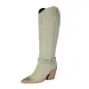 Botas western altas de talla grande con corte en V para mujer, punta fina, tacón grueso con veta de madera, doble hebilla, botas vaqueras largas vintage desgastadas