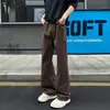 Pantalones casuales de corte tridimensional negro puro, ligeramente acampanados, para hombre, tiro medio-alto, fluidos, holgados, adelgazantes, estilo high street, de pierna ancha, hasta el suelo