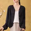 26 Verão Novo Cetim Estilo Antigo Jacquard Decote V Manga Longa Casual Elegante Fino Versátil Moderno Jaqueta de Tricô