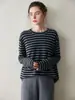 Camiseta Base de Cachemir de Hilo Fino a Rayas de Longitud Media para Mujer, Suéter Jersey de Cachemir Elegante con Cuello Redondo para Otoño e Invierno, Regular