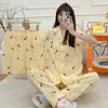 Conjunto de Pijama Feminino de Algodão Nuvem de Três Peças para Primavera e Verão, com Gola Reversível, Cardigã de Manga Curta, Shorts e Calça Comprida, Conjunto Casual para Casa para Meninas