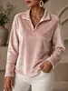 Nova blusa de moletom com zíper parcial e gola alta de veludo dourado para outono e inverno, top casual soltinho de manga longa, camisa de veludo lisa