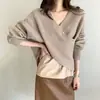 Suéter de Color Sólido para Mujer con Cuello en V Cruzado, Nuevo Estilo Otoño/Invierno 2026, Corte Holgado, Diseño Simple, Tejido de Punto de Manga Larga