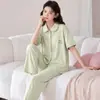 Pijama popular de algodón puro para mujer, manga corta de verano con pantalón largo, cárdigan con cuello de solapa, conjunto de ropa de casa de verano, se puede usar en exteriores, estilo simple