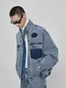 Jaqueta Jeans Curta de Algodão Tendência Outono/Inverno 2025, Lavada com Efeito Pesado Desgastado, Manga Dividida, Bolsos Múltiplos, Gola Alta, Silhueta Estilo Motociclista