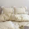 Juego de Cuatro Piezas de Algodón Seersucker Coreano Textura de Corazón Femenino Estilo Crema Encaje Algodón Puro Sábanas y Fundas de Edredón Ropa de Cama
