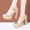 Flats Transpirables con Pedrería Cuero Genuino 2025 Nuevos Tacón Alto Tacón Grueso Suela Gruesa Zapatos de Boda Dorados Suela Suave Zapatos de Pasarela Cheongsam para Mujer