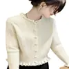 Cardigã de tricô macio estilo francês para mulheres, novo modelo 2026, com bordas plissadas, adequado para usar em camadas como um suéter ou como um top curto