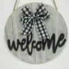 Estilo Retro Madera Negro y Blanco Cuadros Lazo Madera Clara Grano de Madera Colgante Letra Bienvenida Colgante para Puerta