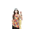 Camisola a Cuadros Colorida Estilo Francés para Mujer, Verano Diseño Irregular con Aberturas, Top Protector de Playa Dulce Picante para Chica
