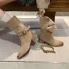 Múltiples Estilos de Uso Hebilla Desmontable Ante de Vaca Botas Vaqueras 2026 Tacón Grueso Medio Piel Genuina Botas de Media Caña con Botón para Mujer
