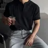 Camiseta de Manga Corta de Punto Henley con Hombro Caído ASCLO&QIAO para Hombre Gris Acanalado Casual Versátil Nueva