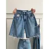Shorts de Mezclilla Rectos Rasgados para Mujer, Nuevo Estilo Tallas Grandes para Figuras Curvilíneas, Cintura Alta, Corte Holgado, Pantalones de Cinco Puntos de Pierna Ancha Adelgazantes
