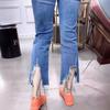 Jeans Rasgado com Furos de Fumaça de Oito Pontos Feminino Verão Fino Rasgado Mendigo Petite Elástico Cintura Alta Emagrecedor Reto Calças