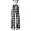 Pantalones a cuadros de strass retro en negro y rosa para mujer, pantalones casuales de pierna ancha de cintura alta para verano con efecto adelgazante, pantalones rectos de pierna ancha estrechos